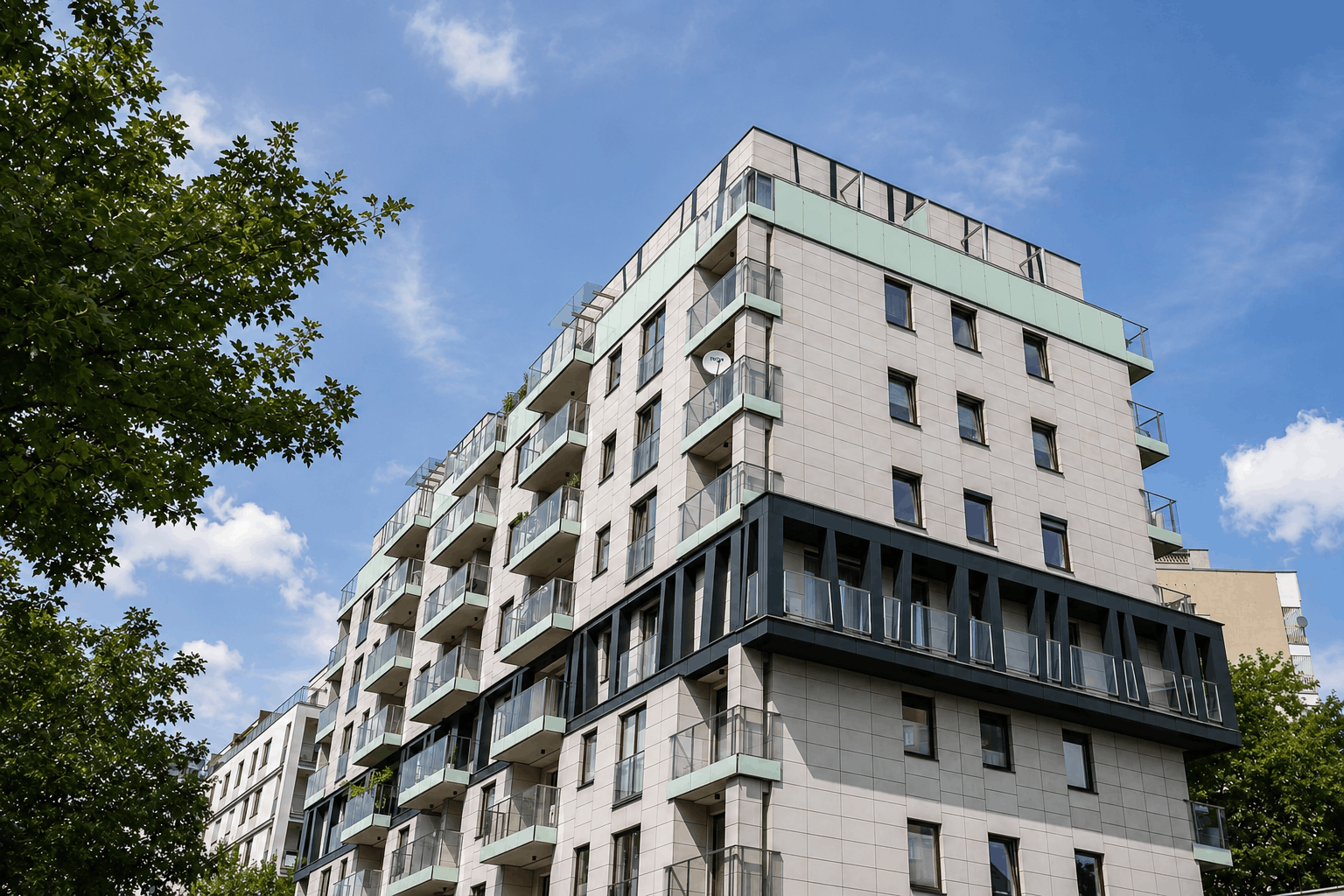 nowoczesny apartamentowiec na tle błękitnego nieba