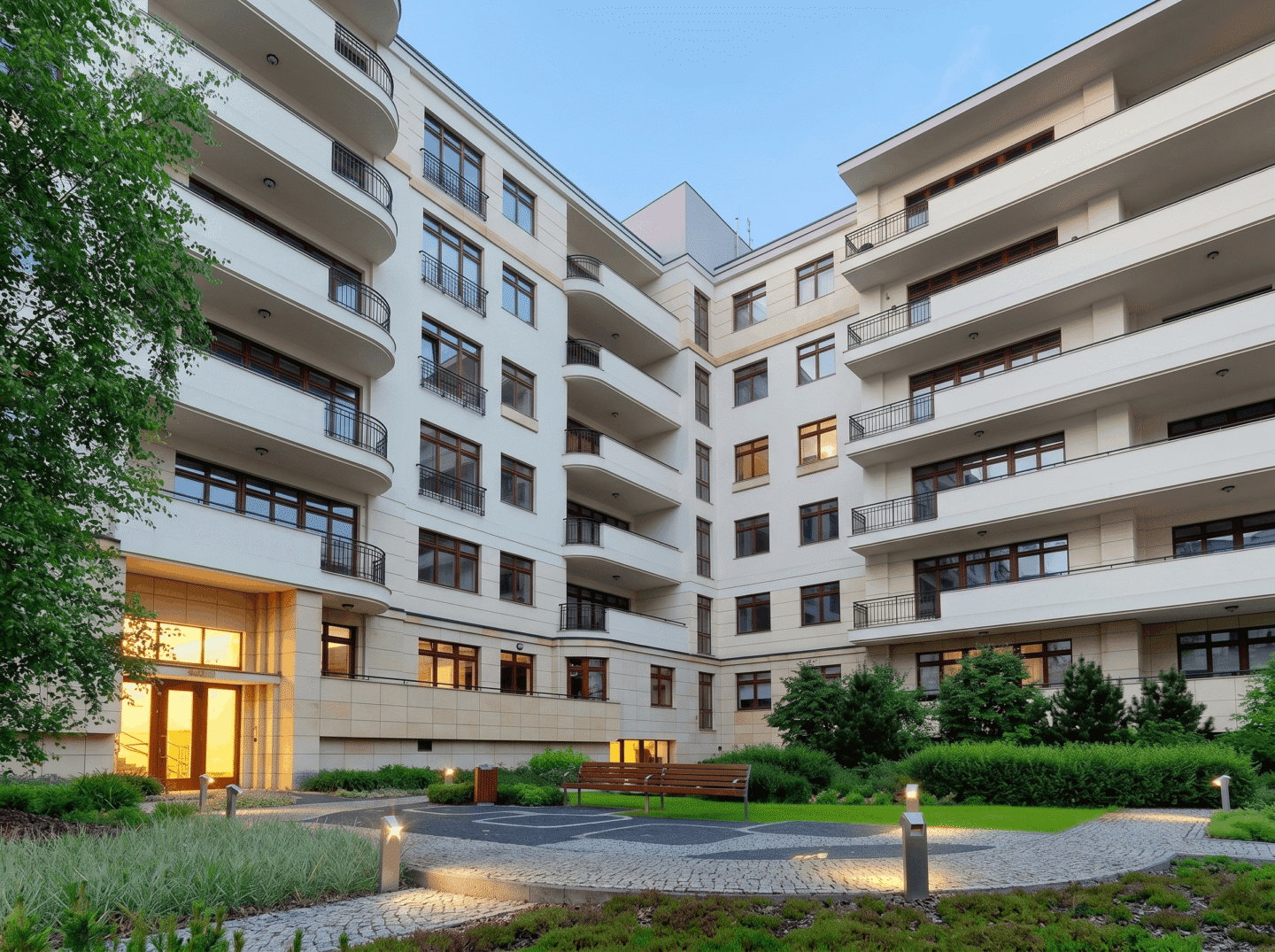 patio zrewitalizowanej kamienicy z jasną elewacją