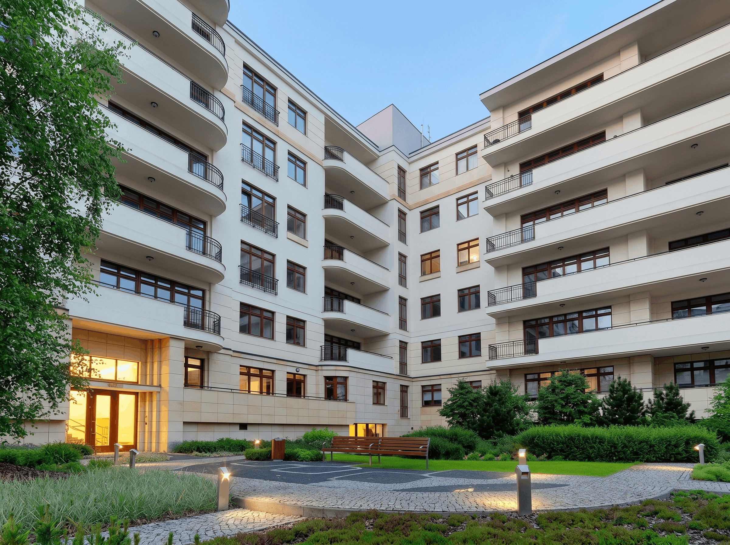 patio zrewitalizowanej kamienicy z jasną elewacją